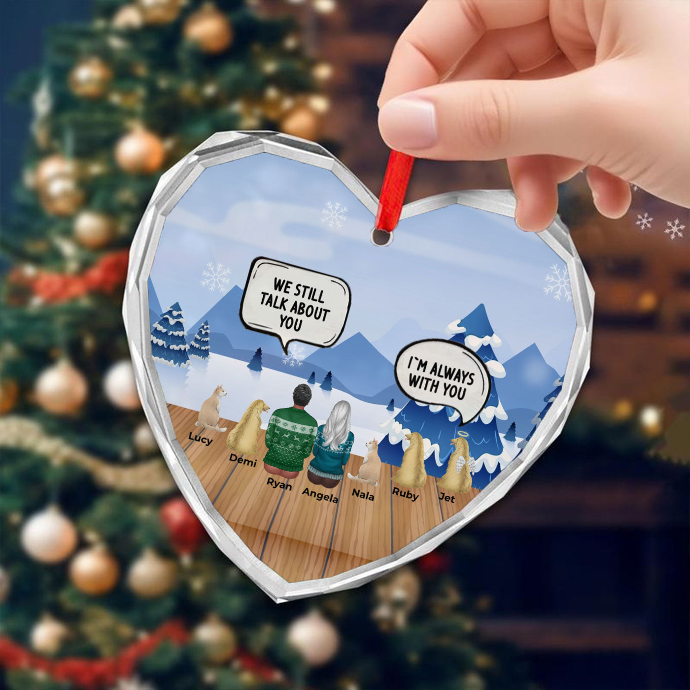 Personalized Christmas Memorial Ornament with Pets and Family | Heart Glass Ornament